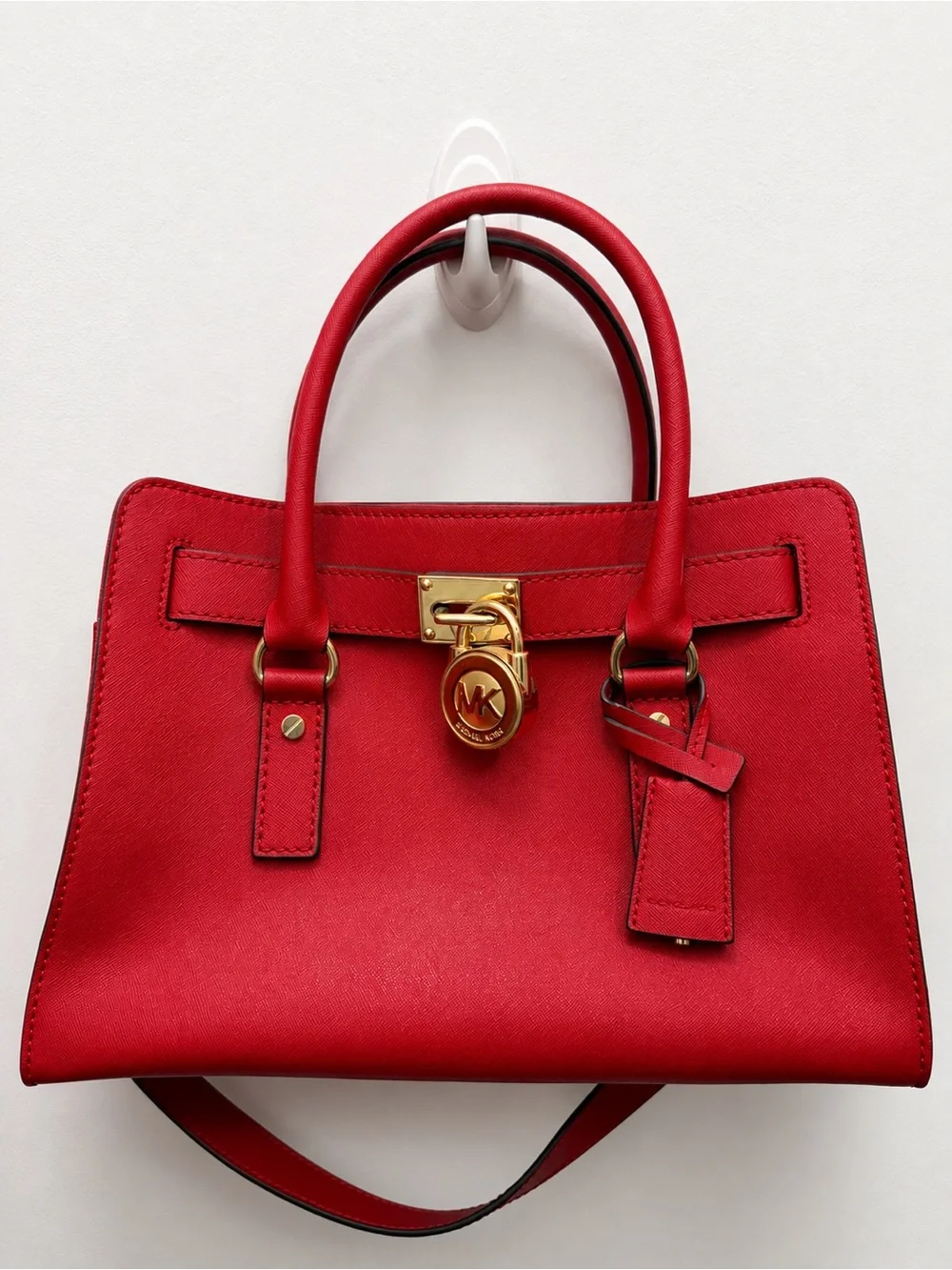 Michael Kors Red Leather Structured Satchel with Gold Lock Charm